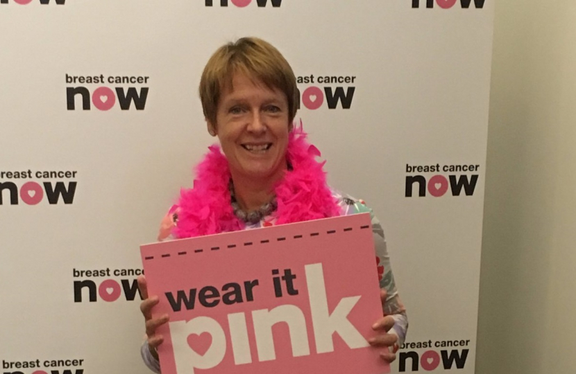 Caroline Spelman wears it pink for breast cancer